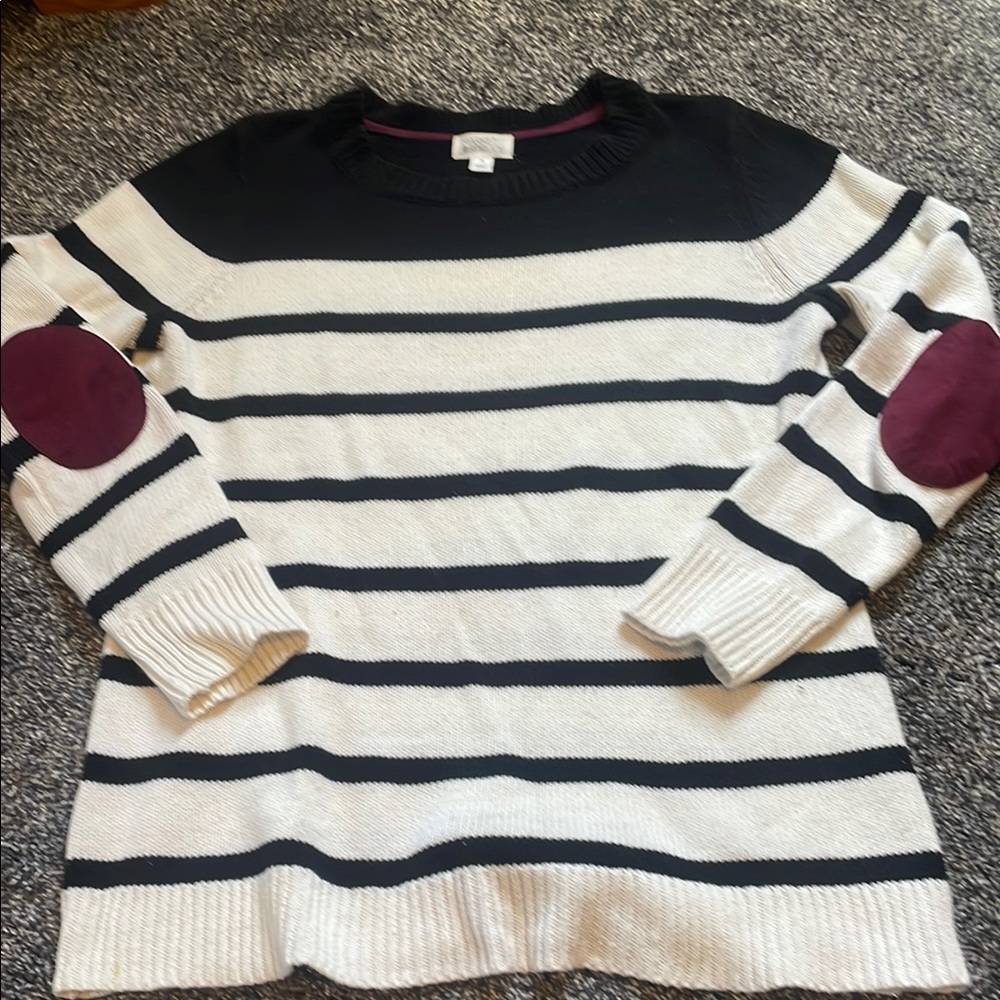 Striped Black and White Sweater with Purple Accents